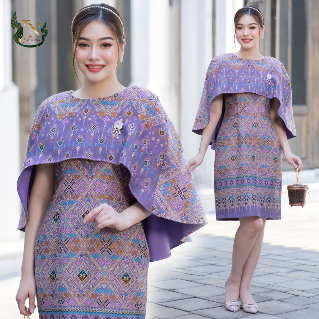 ชุดเดรสผ้าไหมปีกผีเสื้อ สีม่วงมงคล ไปวัดทำบุญ ไซส์ M-4XL ใส่สบาย