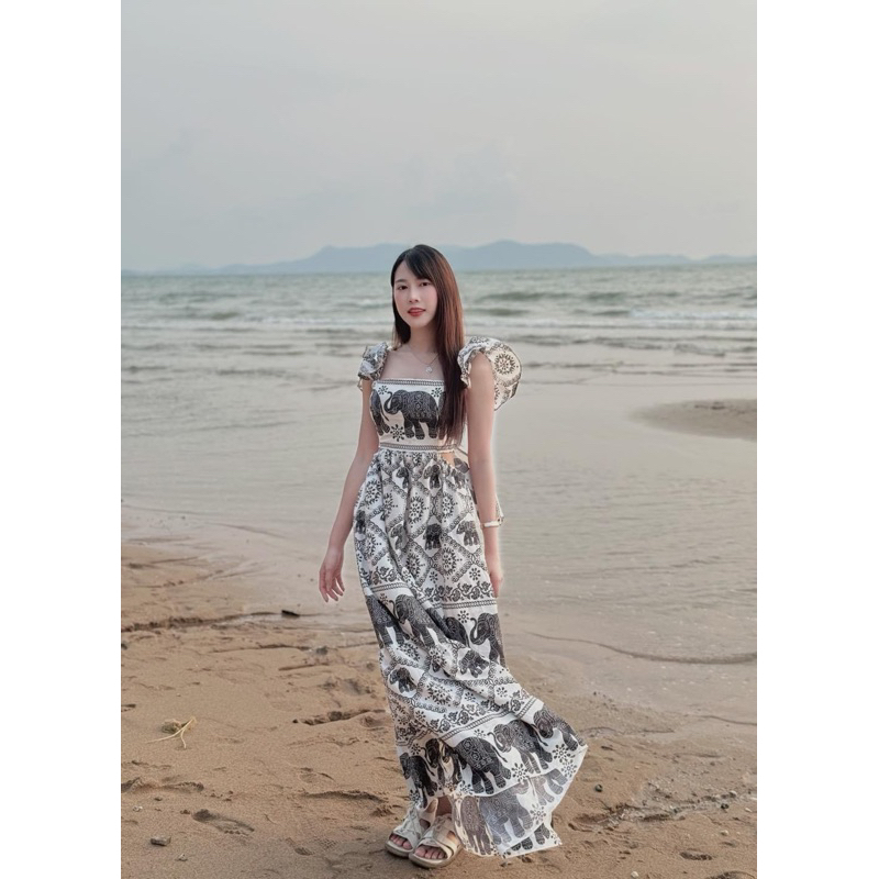 ชุดเซทช้าง เสื้อผูกหลัง เปิดเอว กระโปรงยาว รุ่นSangda