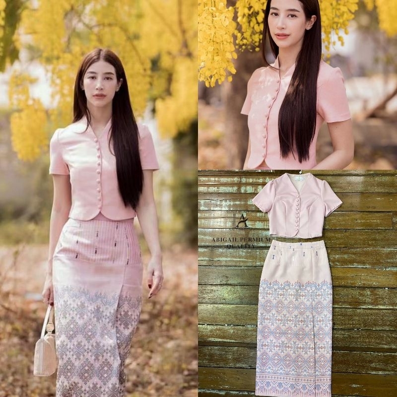 เซ็ทชุดไทยประยุกต์สีชมพูนม ABIGAIL ผ้าดีไซส์เป๊ะ พร้อมส่ง ราคา 790