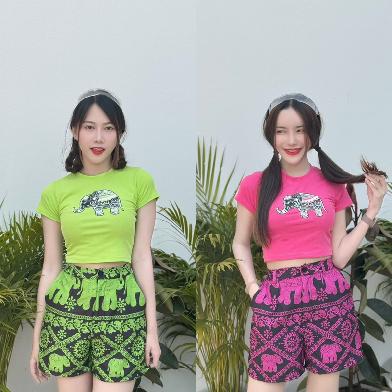 ชุดเซตช้าง ชุดสงกรานต์ เสื้อครอปนีออน กางเกงขาสั้น รุ่น