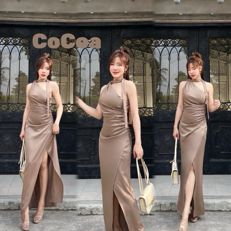 เดรสยาวออกงานสีน้ำตาลไหม้ ผ้าซาตินพริ้ว พรางพุง สายผูกอเนกประสงค์ 3 in 1 มุมมองที่ 5