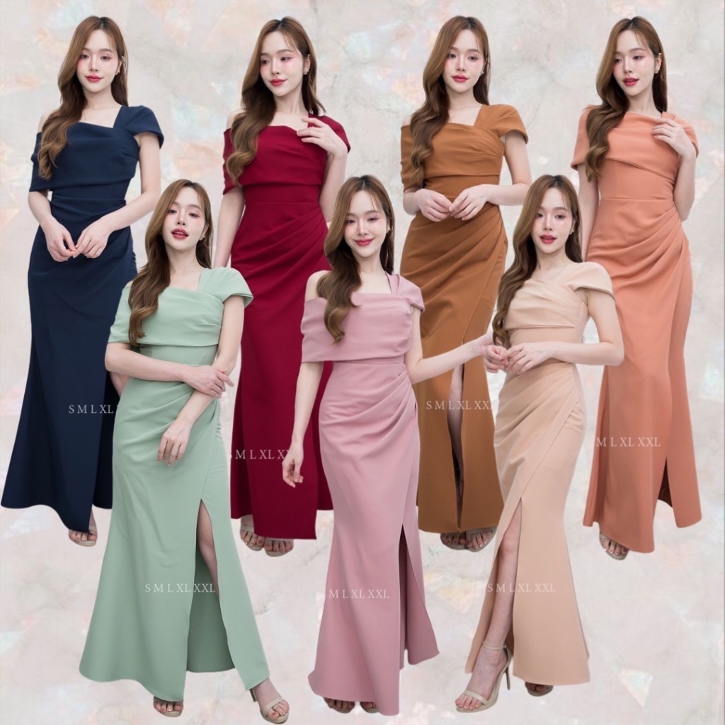 เดรสปาดไหล่เก็จจีบยาว ผ้าโคโค่ พร้อมส่ง S-2XL 10 สี 890฿ ใส่สบาย พรางพุง