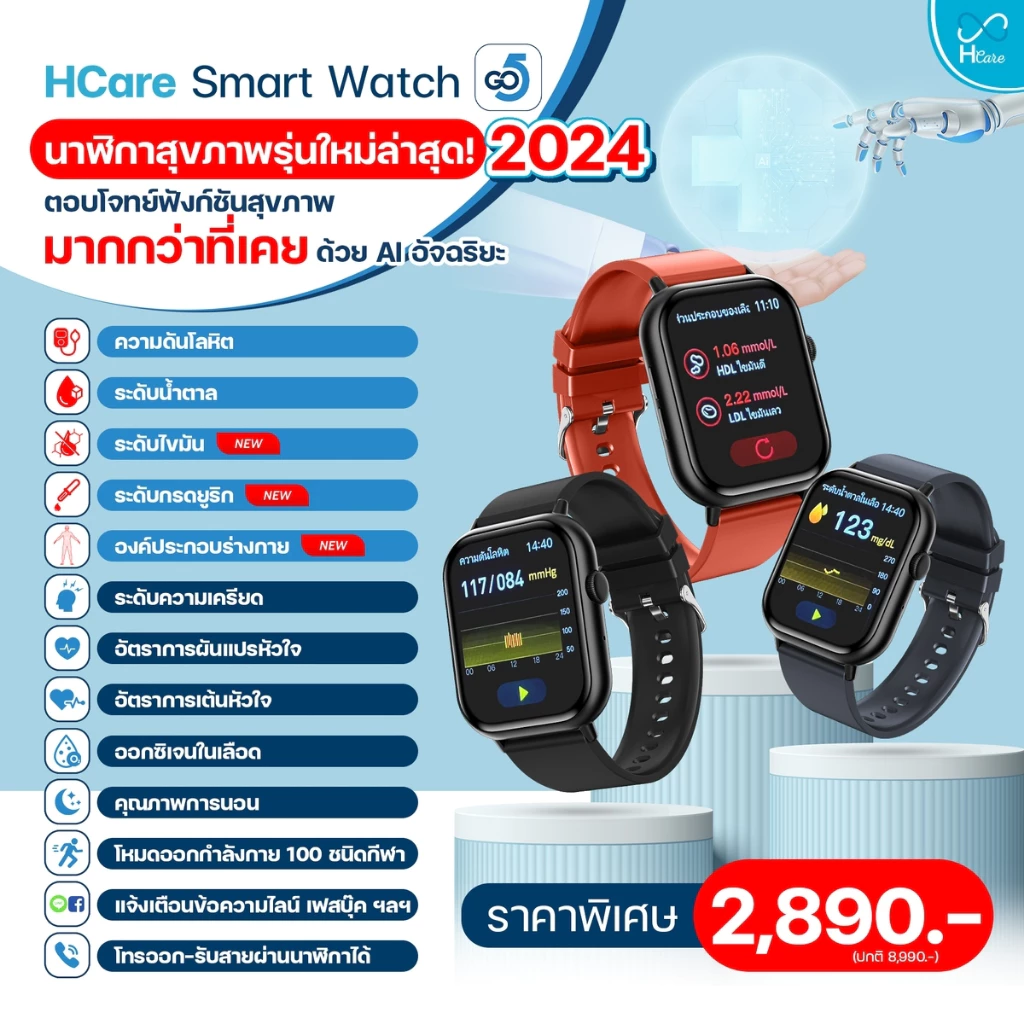HCare Go 5 นาฬิกาสุขภาพ ความดัน ระดับน้ำตาล ไขมัน ยูริก รับสายโทรออก