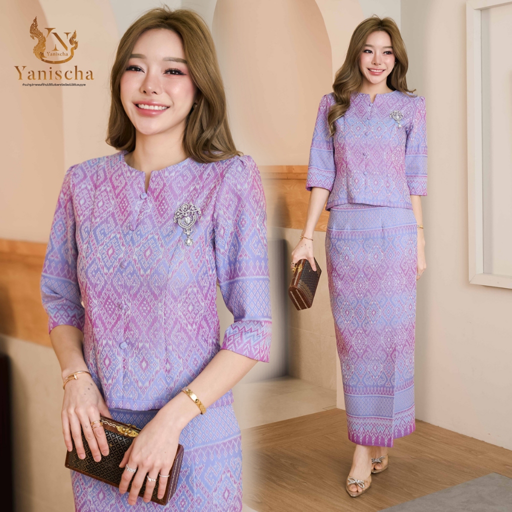 Yanischa ชุดเซ็ทผ้าฝ้ายทรงเรือนต้น ม่วงลาเวนเดอร์ ใส่สบายดูผอม พร้อมส่ง ไซส์ XS-5XL