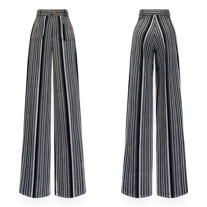 กางเกงขายาว ทรงกระบอก ผู้หญิง สไตล์เกาหลี เอวสูง สีลายริ้ว แต่งกระเป๋า ...