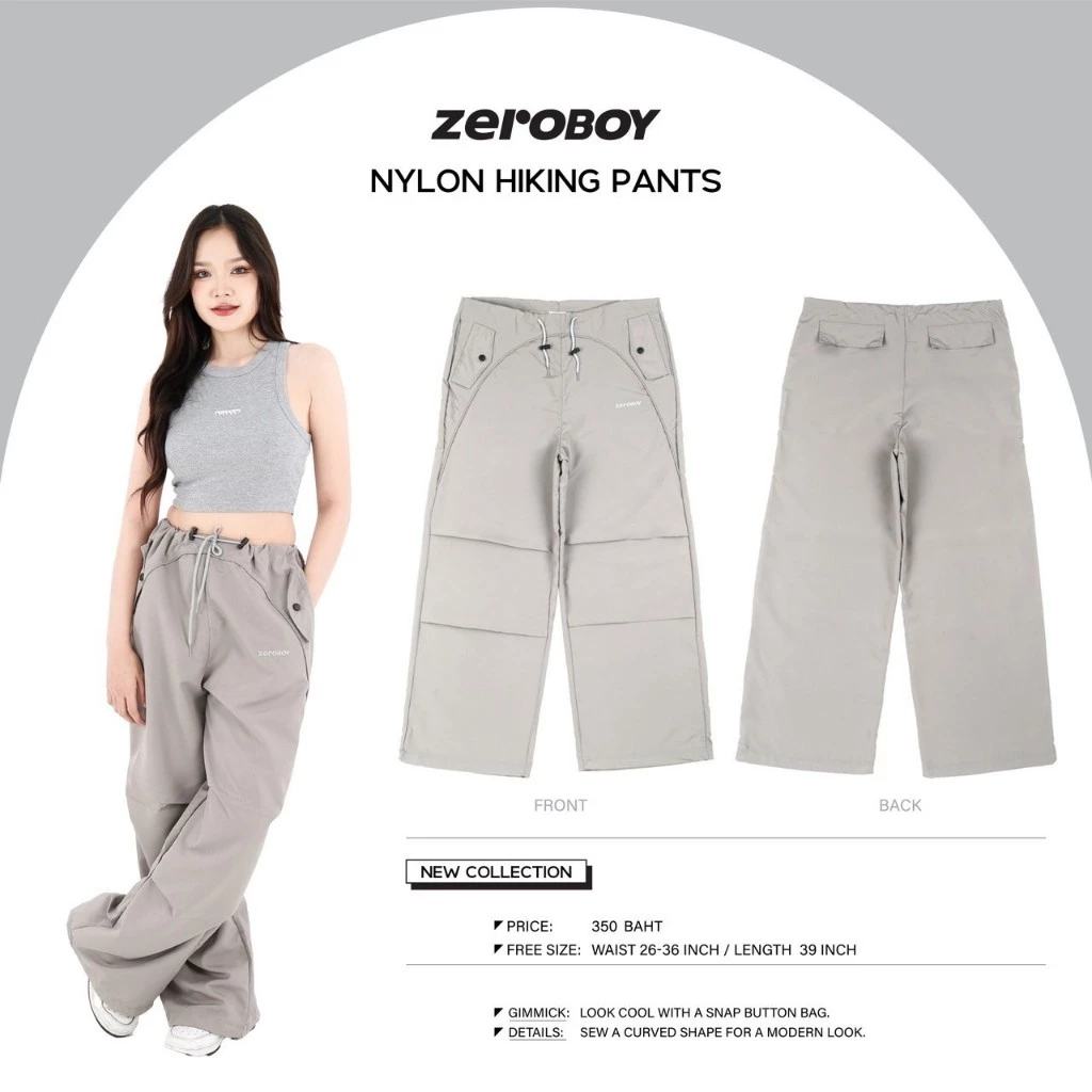 ZEROBOY - Nylon Hiking Pants กางเกงขายาวทรงกระบอกใหญ่ กางเกงไนล่อนรุ่นใหม่ 2 สี สีเทา สีดำ https://wayoza.com