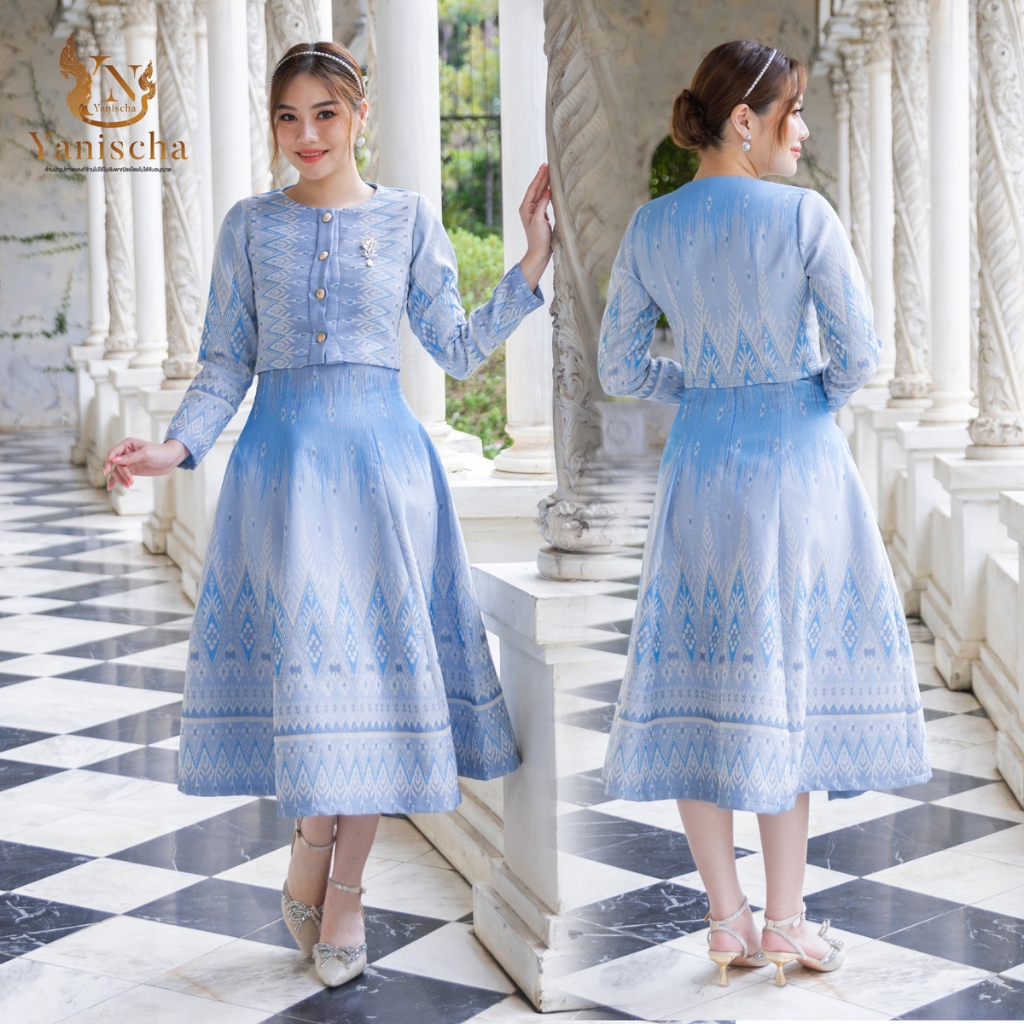 ชุดเซ็ทผ้าไหมทอลายวนิดา สีฟ้า ชุดออกงานไปวัดงานเลี้ยง สวยหรู พร้อมส่ง มุมมองที่ 2
