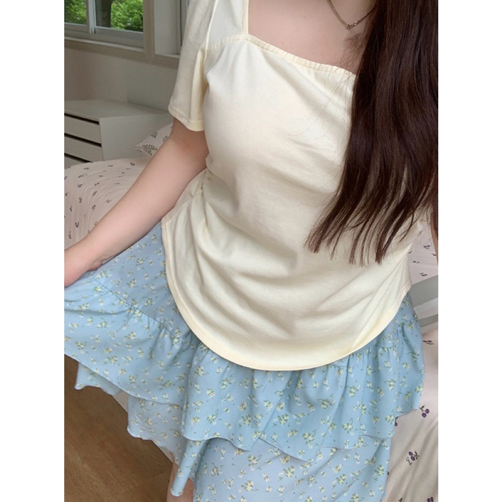 CC Plus+ (J1368)เสื้อไหมพรมคอเหลี่ยมแขนสั้นดีเทลจ้ำเอวสไตล์เกาหลี เหมาะ ...