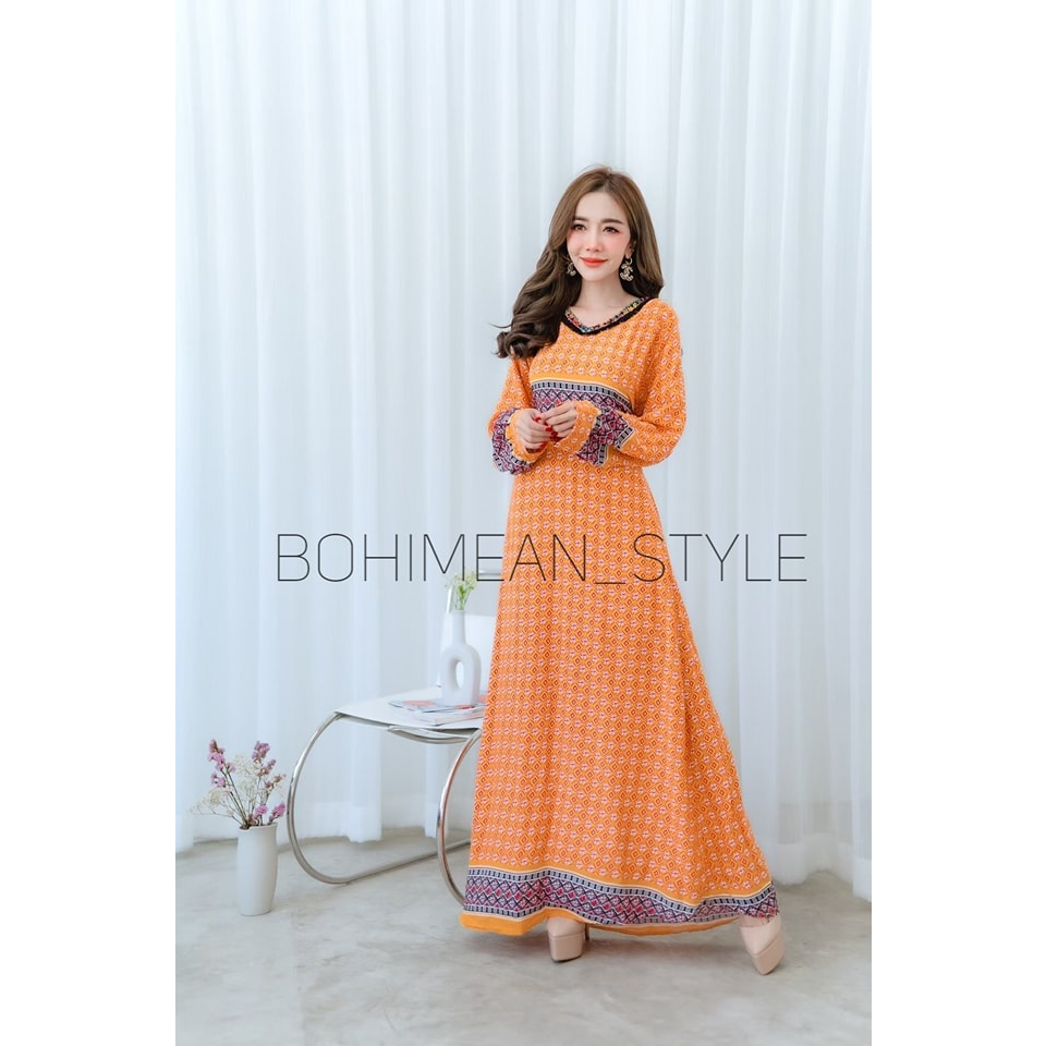 sale-maxi-dress-bohemian-style-สินค้าลดราคาพิเศษ-ชุดเดรสยาวผ้าพิมพ์ลายสไตล์โบฮีเมียน-ชุดสาวอวบใส่ออกงาน-เดรสสีส้ม