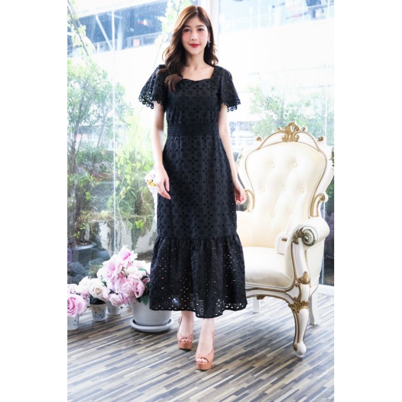 เดรสดำออกงาน-m-4xl-maxi-dress-เดรสสีดำผ้าฉลุลายแขนปีกค้างคาว-งานป้าย-love-love