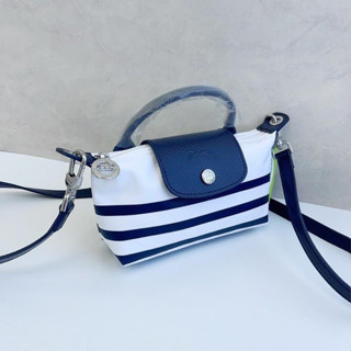 💚แท้💯พร้อมส่ง💚LC Longchamp Le Pliage Striped Pouch สี : Navy/White