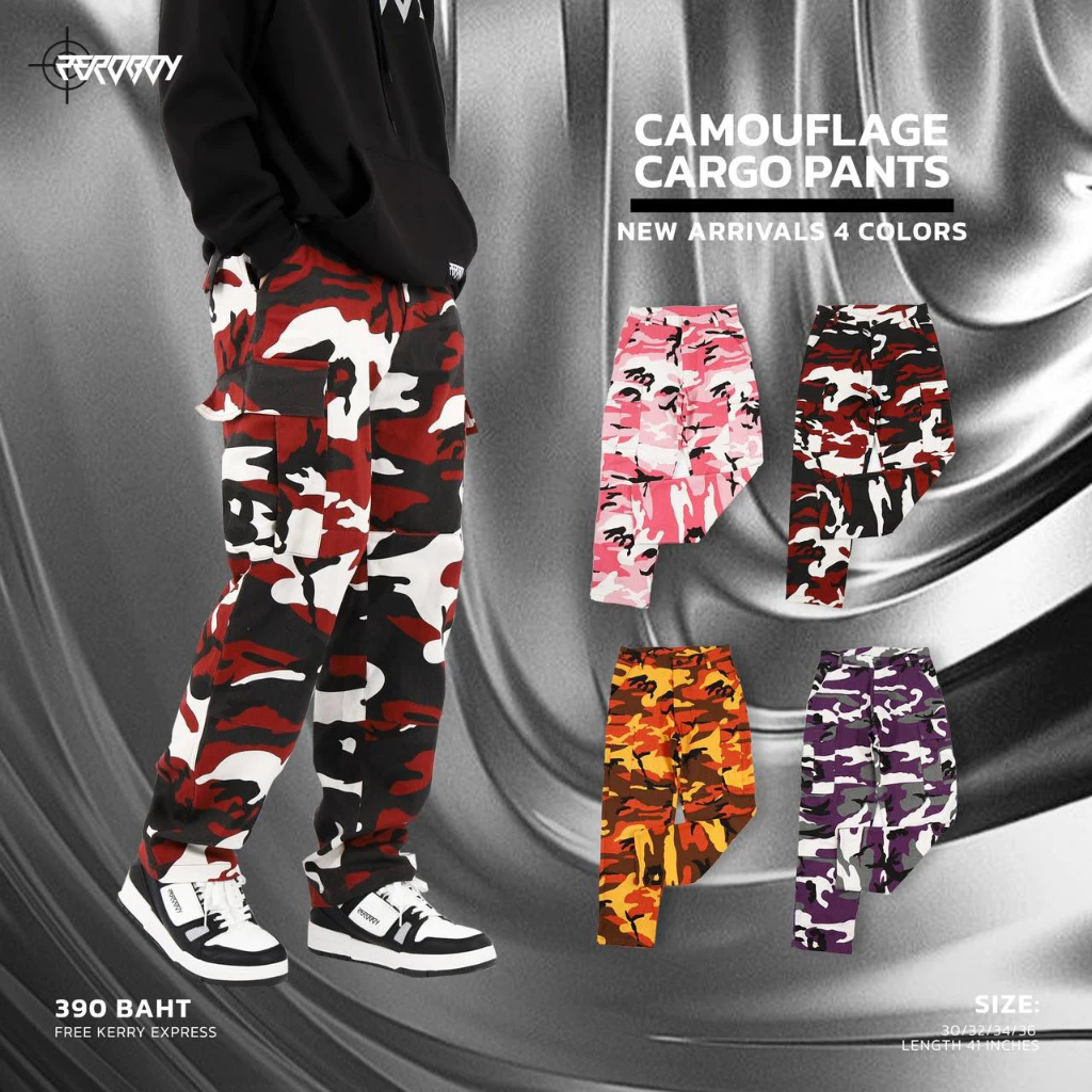 ZEROBOY Camouflage Cargo Pants กางเกงทรงคาร์โก้ลายทหารรุ่นใหม่สีสดใส สีแดง สีม่วง สีชมพู สีส้ม
