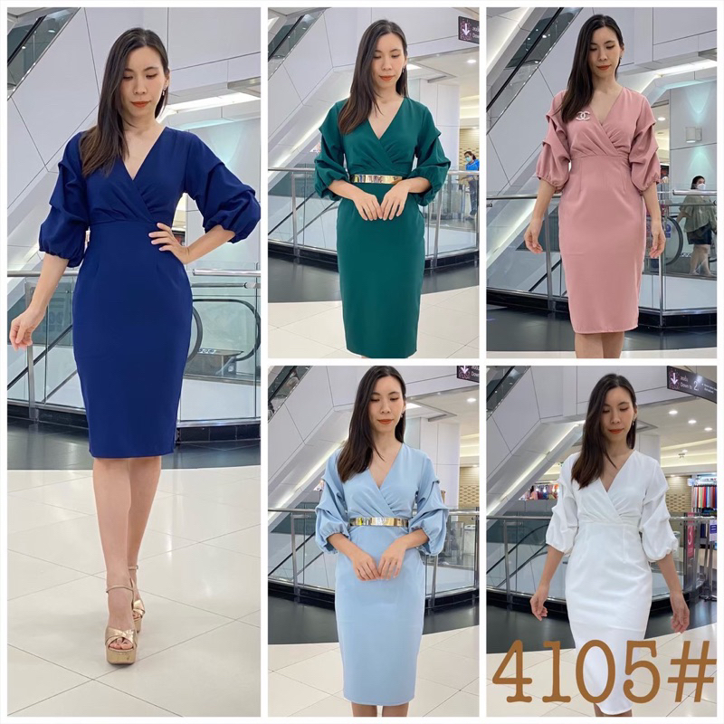 LX4105 เดรสคอวีแขนพอง เนื้อผ้าเกาหลีหรู ใส่ไปงานแต่ง-ออกงาน ไซส์ S-3XL มุมมองที่ 3