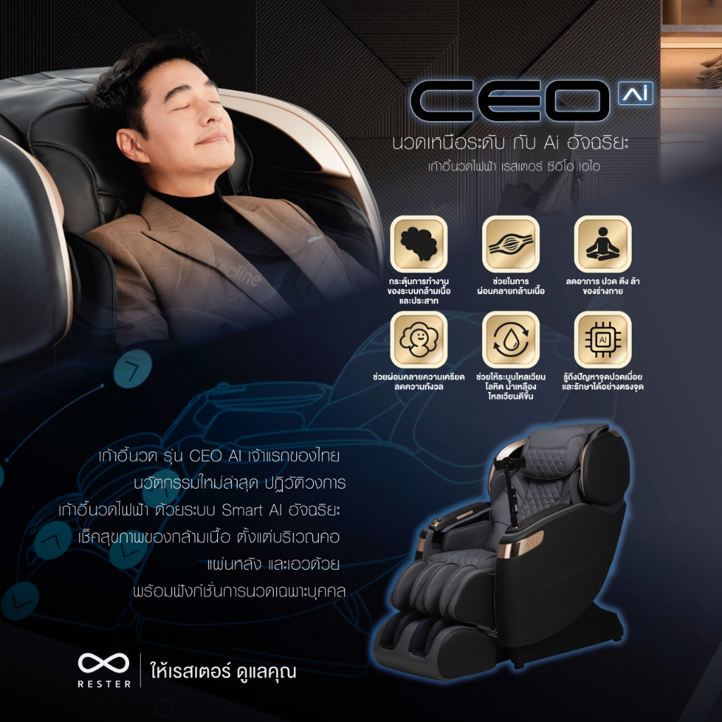 Rester Ceo AI เก้าอี้นวดไฟฟ้า ระบบสแกนร่างกาย Body Scan ปรับตำแหน่งการนวด โปรแกรมอัตโนมัติ ระบบ Zero Gravity ปรับปรุงคุณภาพการนอนหลับ เสริมความผ่อนคลาย คลายกล้ามเนื้อดีเยี่ยม เพื่อบำบัดความผ่อนคลายขั้นสุด
