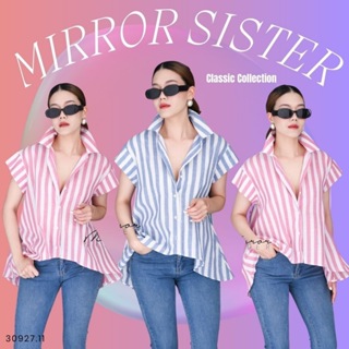 🔖Mirrorsister 30927.11 เสื้อเชิ้ตแขนสั้นลายริ้วทางลง 2โทนสลับสีขาว หน้าสั้นหลังยาว ช่วงแขนวางผ้าเป็นลายขวาง ใส่ได้บ่อย