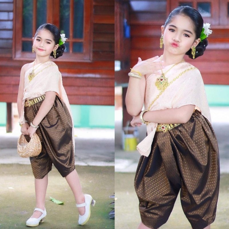 แม่พุดตาน ชุดไทยเด็กสไบสำเร็จ ไม่ต้องพัน ใส่ไปเรียน งานเทศกาล สีหวานน่ารัก มุมมองที่ 2