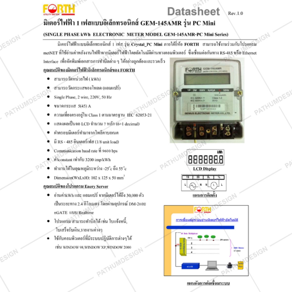 มิเตอร์ไฟฟ้าดิจิตอล Forth รุ่น GEM-145AMR (PC Mini) 5(45)A 1 Phase 2 ...
