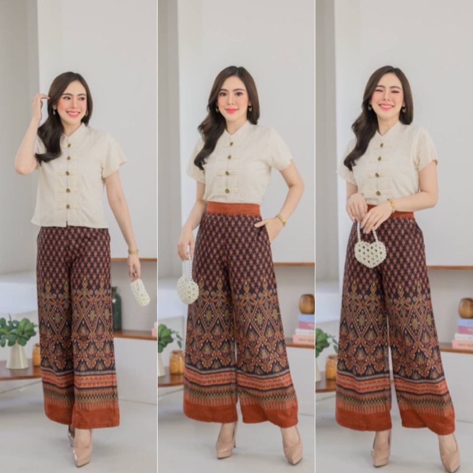 LANNA ชุดเซทผ้าไทยลายสวย เสื้อแขนสั้น+กางเกงขาบาน งามเหนือ ใส่สบาย พรางพุง มุมมองที่ 2