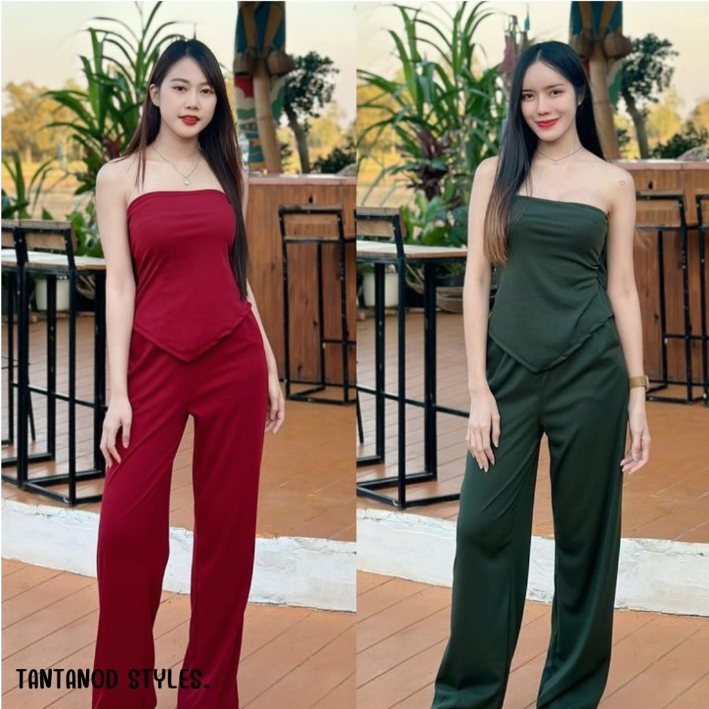 ชุดเซต เกาะอก กางเกงขายาว ผ้ายืดร่อง รุ่น Pretty