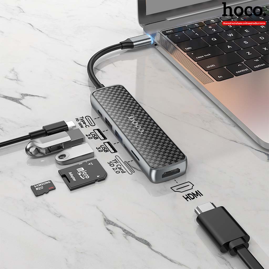 Hoco HB24 6in1 อะแดปเตอร์ฮับ Type-C ไป 4K HDMI + PD 60W + USB 3.0 + USB ...