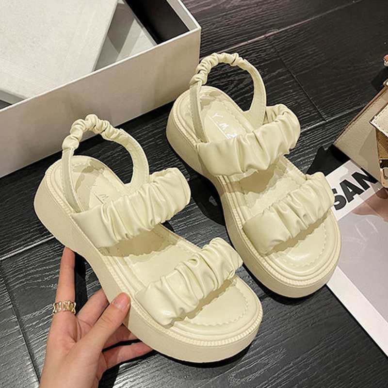 รองเท้าแตะแฟชั่นแบบสวม ดีเทลสองสายคาด พร้อมสายรัดส้น พื้นนิ่มใส่สบาย หนา 1.5นิ้ว