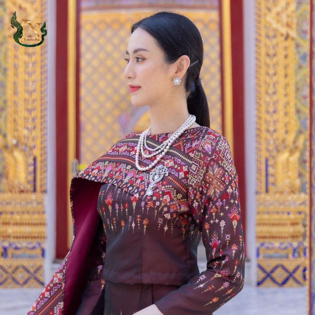 ชุดผ้าไหมไปวัด รุ่นละอองดาว สีทองแดง ใส่แล้วผอม เรียบหรู ไซส์ S-5XL มุมมองที่ 4