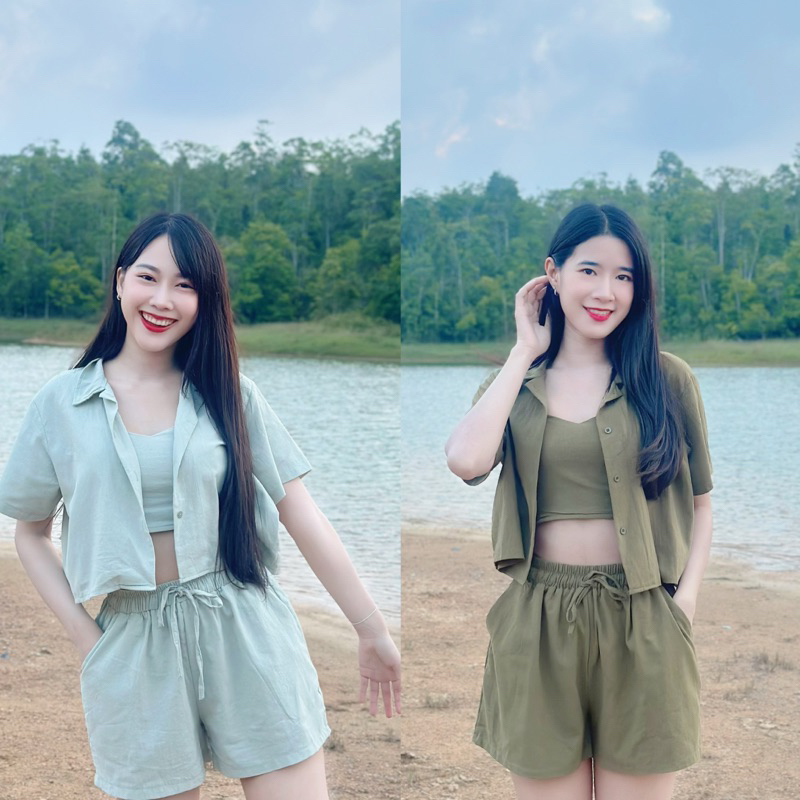 ชุดเซต3ชิ้น เสื้อคลุมตัวนอก เสื้อครอปสายเดี่ยวตัวใน กางเกง