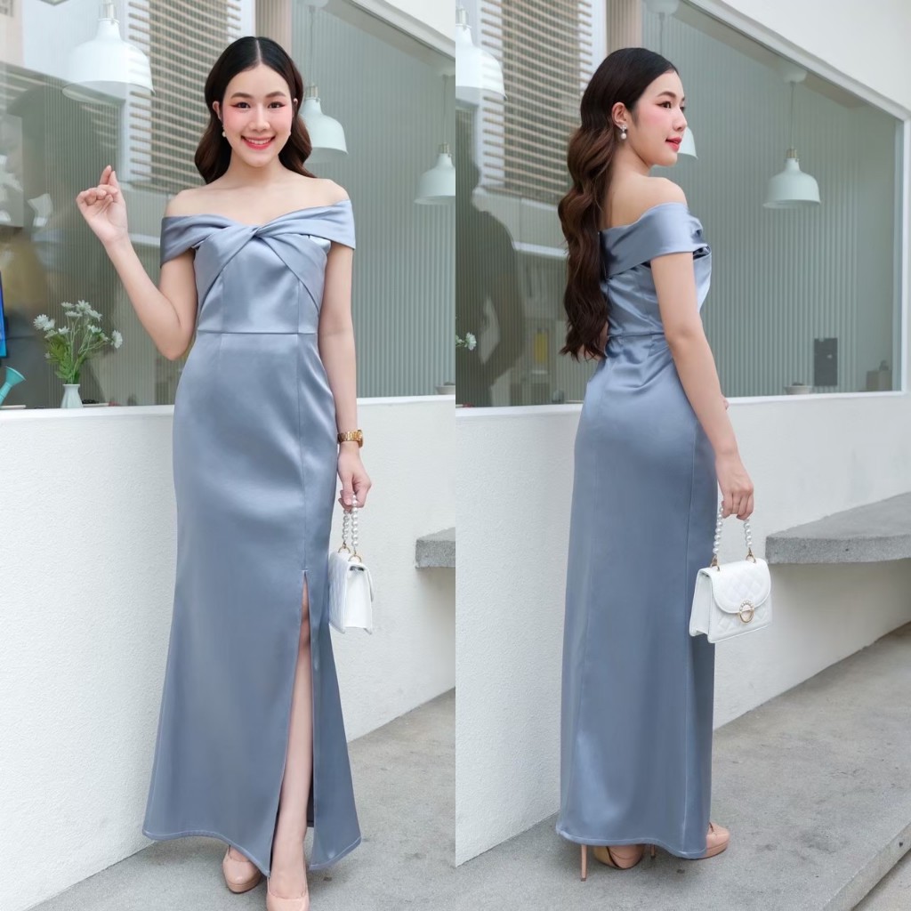 ชุดเจ้าสาวหรูมินิมอล อกทวิตพรางแขน เปิดไหล่ ผ้า Duchess Satin ไซส์ S-3XL จัดส่งเร็ว มุมมองที่ 5