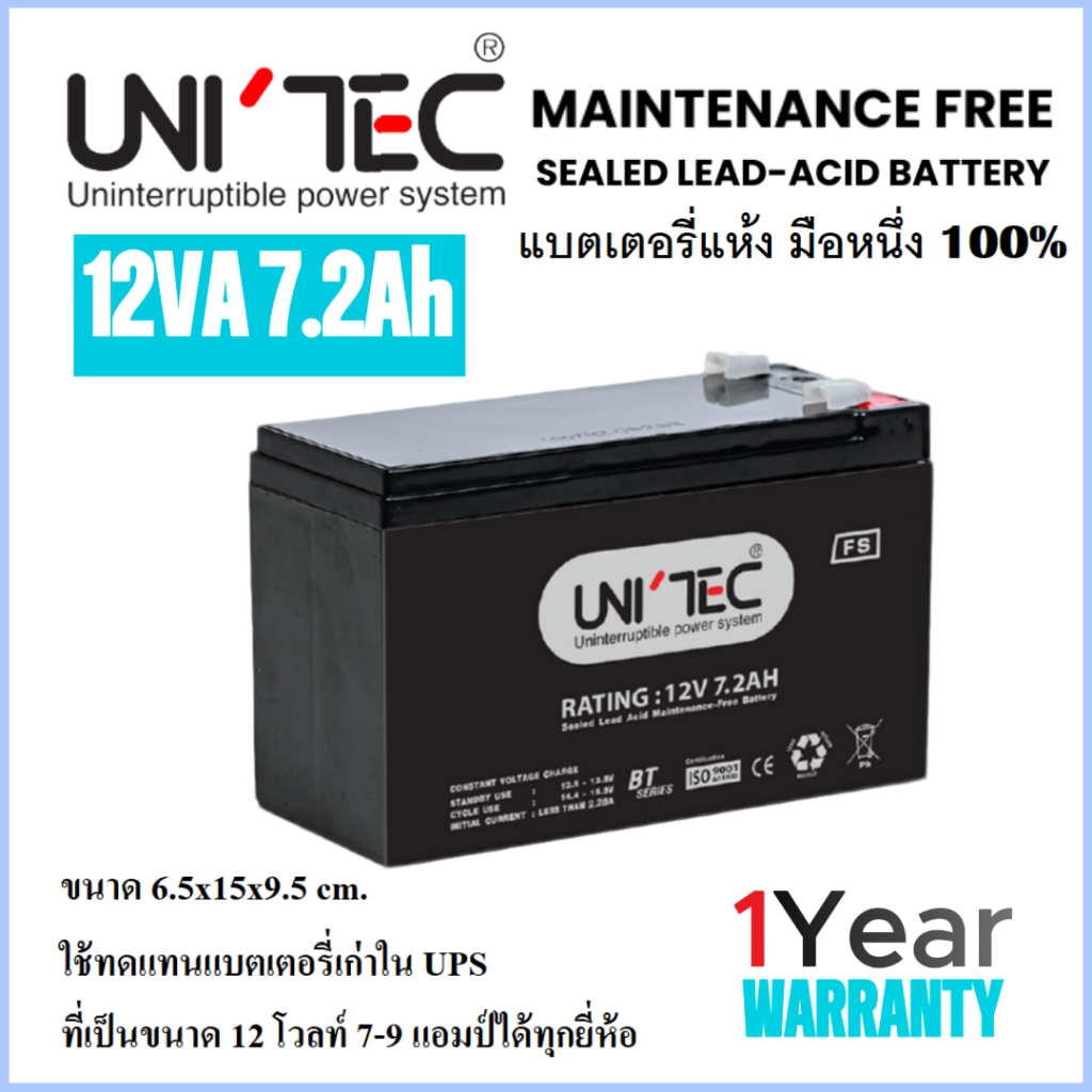 UNITEC Battery 12V 7.2 Ah ล็อตผลิตใหม่มือหนึ่ง100%ใช้ได้กับ UPS ...
