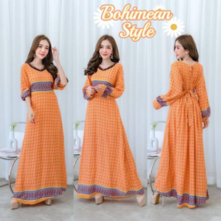 SALE Maxi Dress Bohemian Style สินค้าลดราคาพิเศษ ชุดเดรสยาวผ้าพิมพ์ลายสไตล์โบฮีเมียน ชุดสาวอวบใส่ออกงาน เดรสสีส้ม