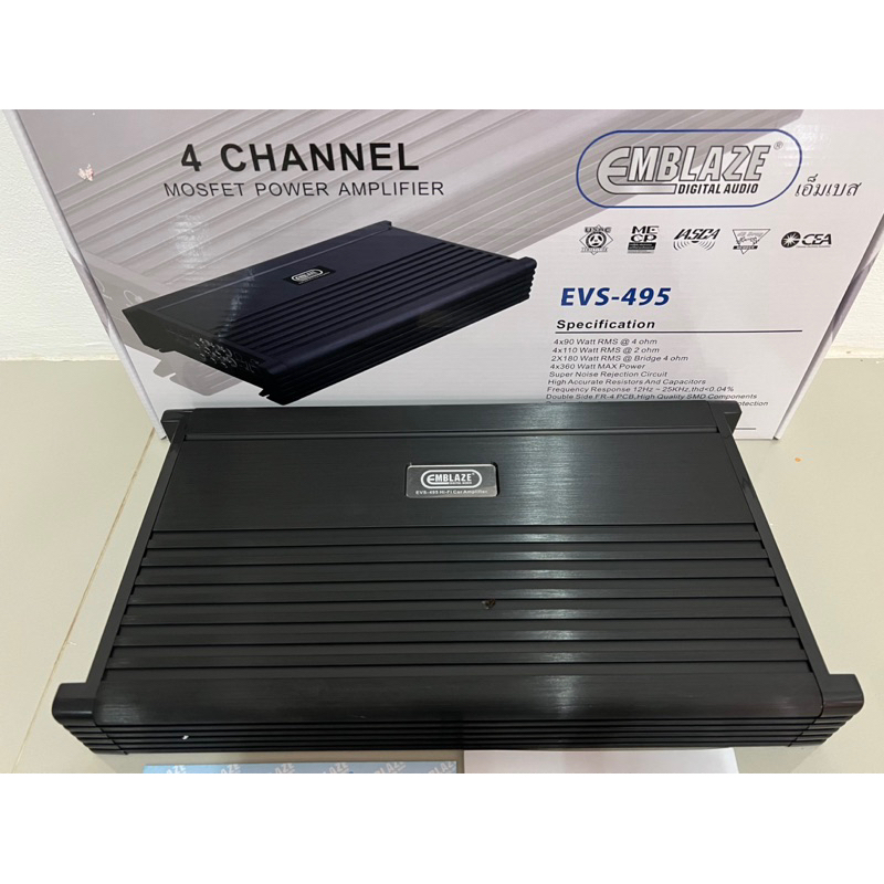 ราคา-3395บาท-แอมป์ขับกลางแหลม-110x4ch-classab-ติดรถยนต์ยี่ห้อ-emblaze-รุ่น-evs-495