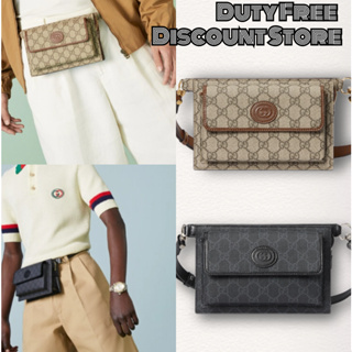 2023 new style / Gucci / decorated with interlocking double G logo/กุชชี่ /งานเย็บผ้าใบและหนัง/กระเป๋าคาดเอวผู้ชาย/