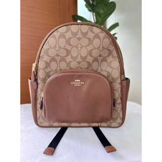 (ผ่อน0%) กระเป๋าเป้ Coach Court Backpack In Signature Canvas 5671 ลายซีสีน้ำตาล 10 นิ้ว ไซส์M