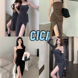 Cici(NO.2293)เดรสสายเดี่ยว ดีเทลผ่าข้าง สายปรับได้ ผ้าใส่สบายใส่ออกงานได้ปังสุดๆ