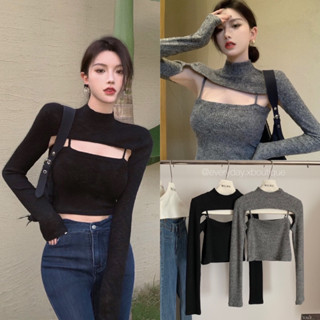 Crop set 2 pcs.🩶🖤(390ฟรีส่ง) เสื้อสายเดี่ยวผ้าไหมพรม เนื้อร่อง สายปรับระดับได้ มาพร้อม เสื้อแขนยาวคลุมไหล่ คอปีน wg.we