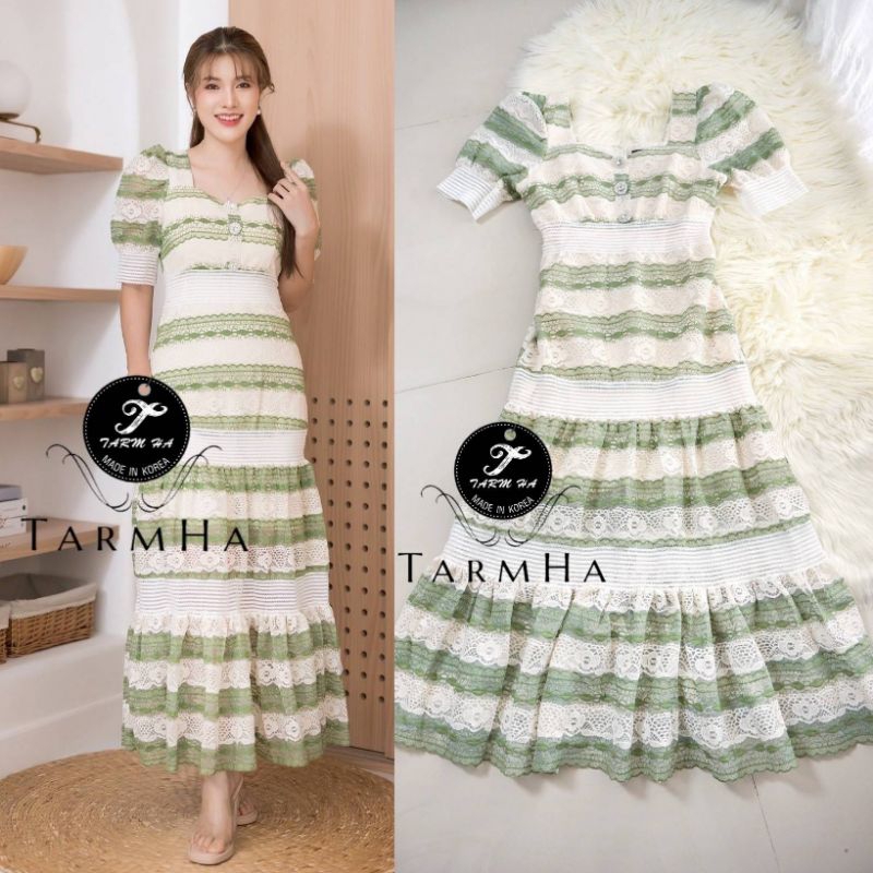 เดรสออกงานสีทรูโทน-s-6xl-maxi-dress-เดรสลูกไม้สีเขียวสลับสีครีมแขนพองแต่งกระดุมเพชร-งานป้าย-tarm-ha