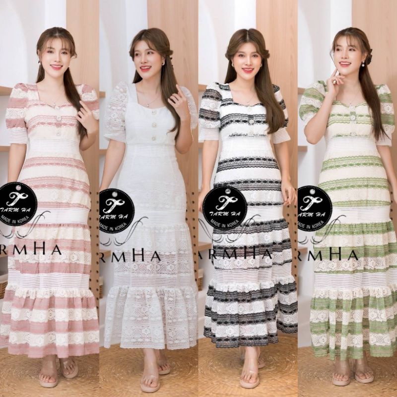 มี4สีเดรสออกงานสีทรูโทน-s-6xl-maxi-dress-เดรสลูกไม้แขนพองแต่งกระดุมเพชร-งานป้าย-tarm-ha