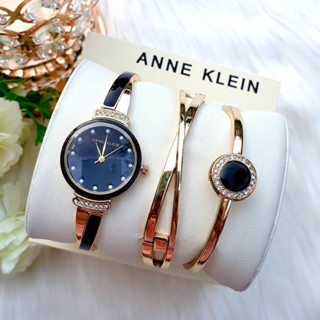 (ผ่อน0%) เซ็ทนาฬิกา Anne klein watch set AK/3292BKST หน้าปัดกลม สีทอง กำไล สีดำ 26.5 มม. โรสโกลด์