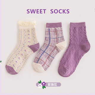 🧦ถุงเท้าข้อกลาง ราคาถูก ถุงเท้าแฟชั่น ถุงเท้าสีม่วง  collection  Autumn Garden 1 🚚ส่งไวจากไทย