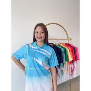 เสื้อโปโลพิมพ์ลายริ้ว1 สีฟ้า ผ้ากีฬางานซับลิเมชั่น