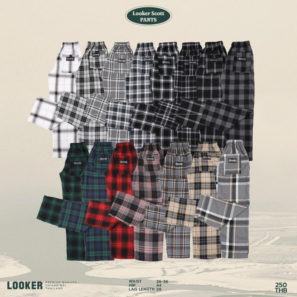 LOOKER - กางเกงขายาวลายสก็อต รุ่นขายดี สีครีมดำ สีแดงดำ สีเขียวกรม สีเขียวดำ สีดำเทา สีดำ สีดำขาว สีดำเส้นแดง สีชมพูดำ สีขาวเส้นแดง สีเทาเส้นขาว สีเทาเส้นน้ำตาล สีกรมเทา สีเขียวเส้นแดง สีฟ้าดำ สีน้ำตาล