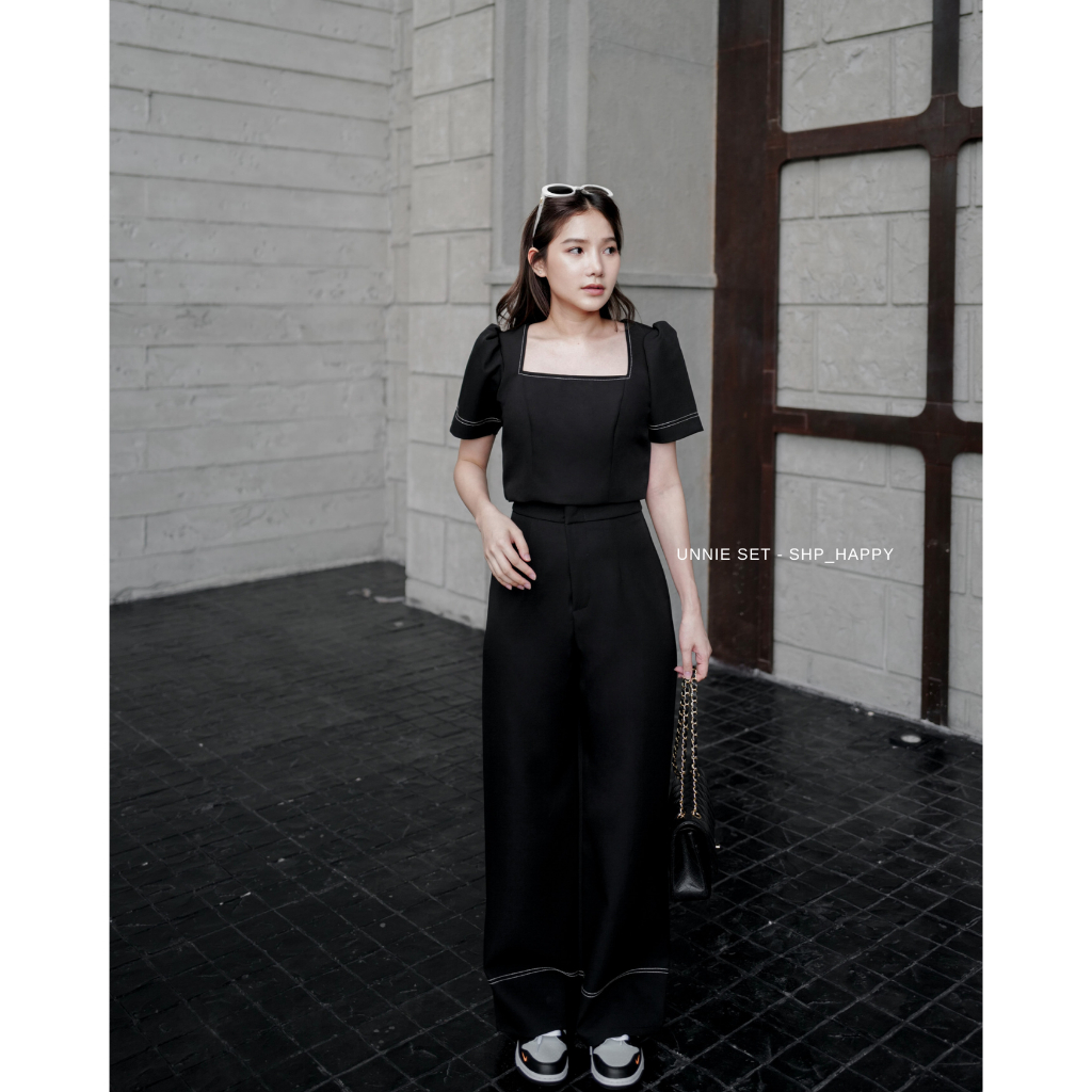 UNNIE SET - SHP_HAPPY ชุดเซตเสื้อแขนตุ๊กตาและกางเกงขายาวดีเทลเย็บด้ายสี ...