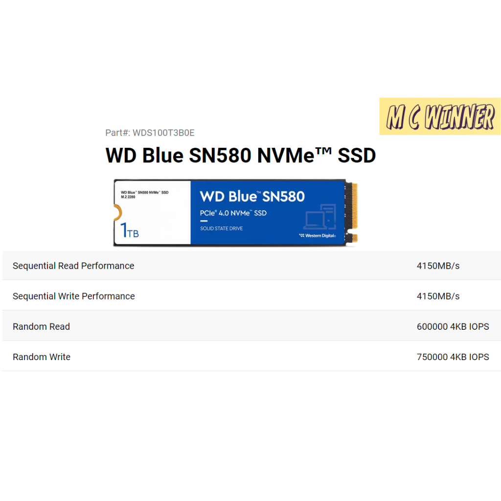 WD BLUE SN580 250GB ,500GB ,1 TB ,2 TB SSD (เอสเอสดี)- PCIe 4x4/NVMe M ...