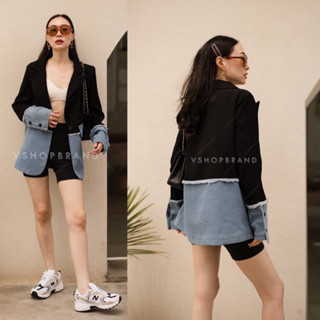 ✅พร้อมส่ง✅ 719-1 เสื้อสูท Blazer ตัดต่อผ้ายีนส์ แต่งกระเป๋า2ข้าง  oversize อก44” VSHOP