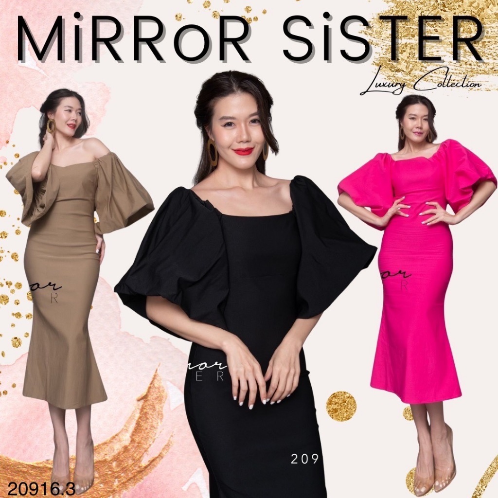 ป้าย-mirrorsister-20916-3-เดรสปาดไหล่-โดดเด่นที่ช่วงแขนบานทรงระฆัง-ช่วงล่างแพทเทรินทรงหางปลา