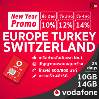 [ซื้อ 2 ลด 10%]Europe SIM ซิมยุโรป ตุรกี สวิส เยอรมัน ฝรั่งเศส อังกฤษ อิตาลี สเปน ออสเตรีย ซิม 5G 10/14GB นาน 25 วัน