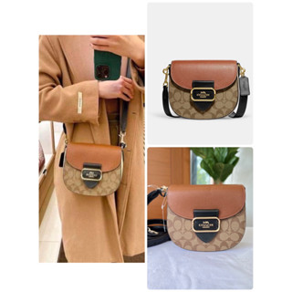 (ผ่อน0%) กระเป๋าสะพายข้าง Coach Morgan Saddle Bag In Colorblock Signature Canvas CE565 ลายซีสีน้ำตาล ฝาพับ 7 นิ้ว