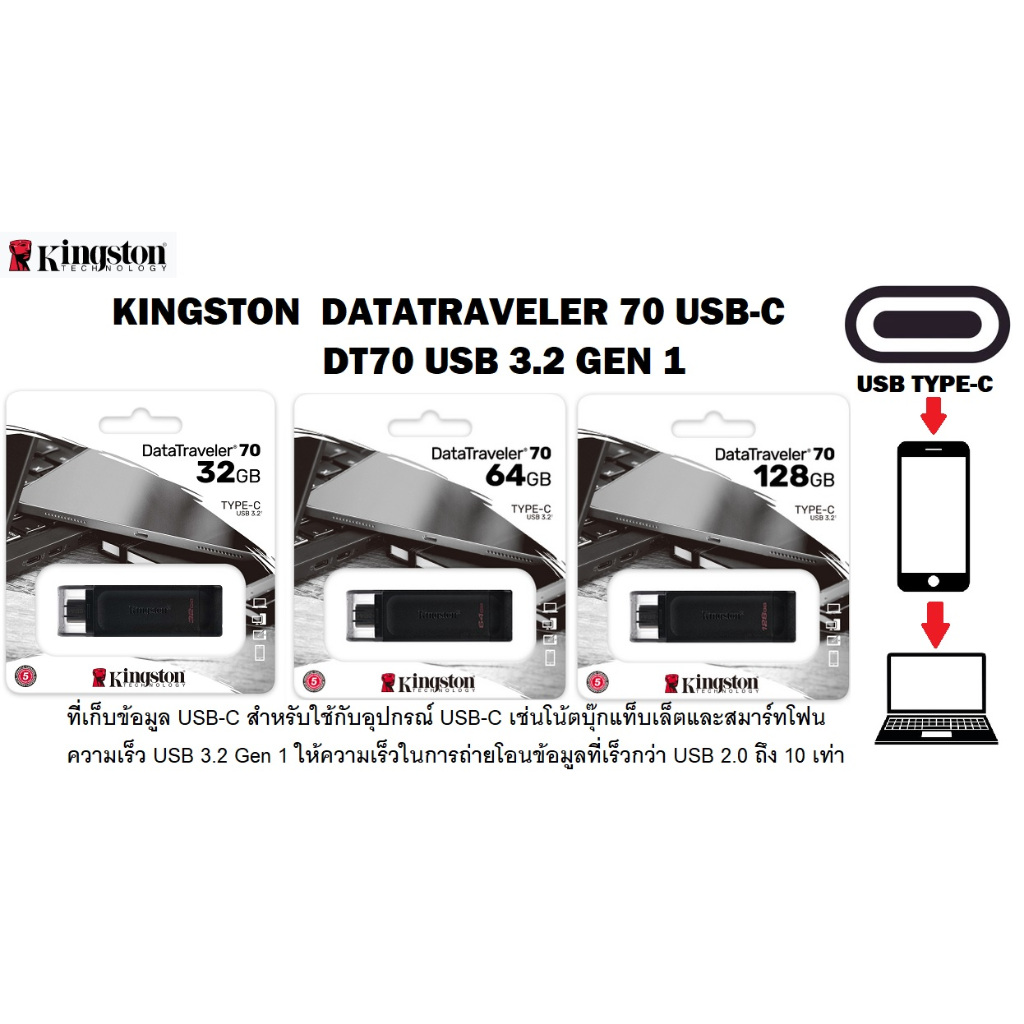Kingston DataTraveler 70 USB-C 3.2 GEN1 รองรับ โน้ตบุ๊ก แท็บเล็ต และ ...