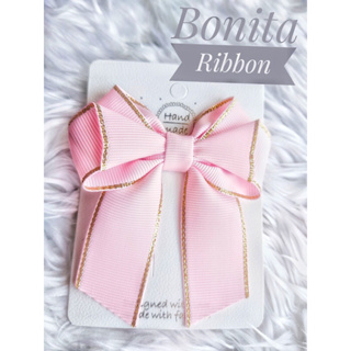[HM036] โบว์ผ้ากลอสเกรนสีชมพู Pearl Pink ขอบทอง สวยหรู ผ้าเนื้อดีมาก สวยหรูหรา จาก Collection Bonita Signature