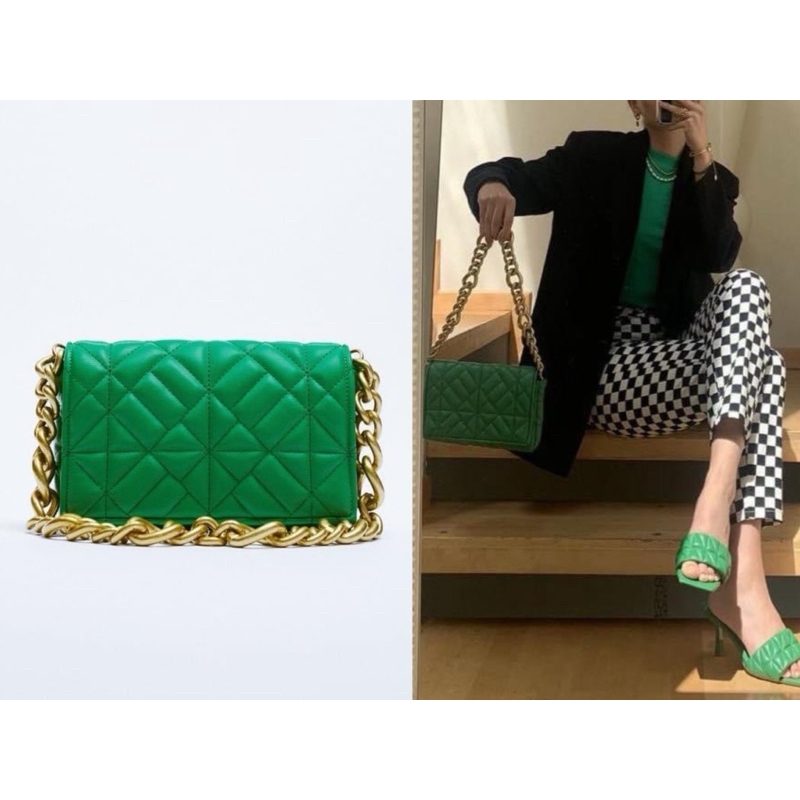 ZARA Shoulder Bag Chain กระเป๋าสะพายขึ้นไหล่ สายโซ่ สีเขียว แท้